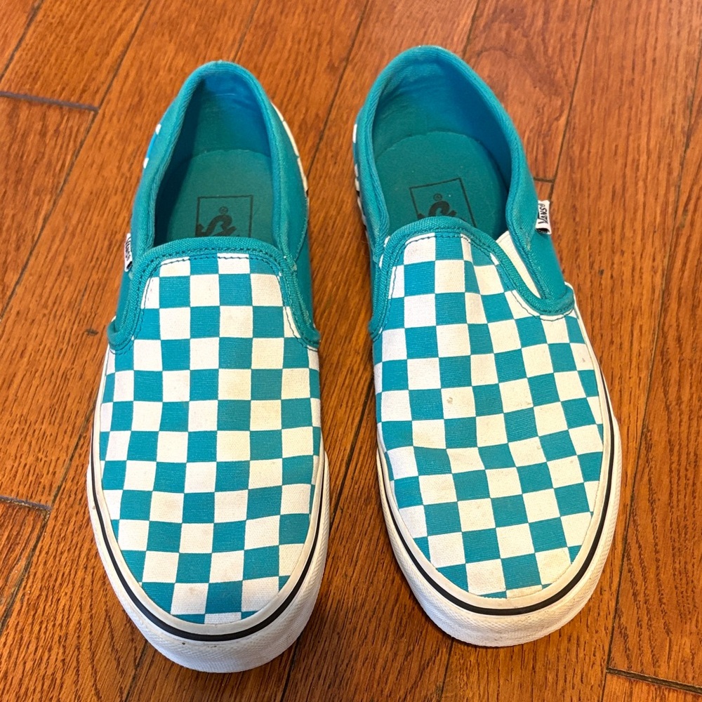 Vans Teal and White Checkered Slip-On Sneakers
